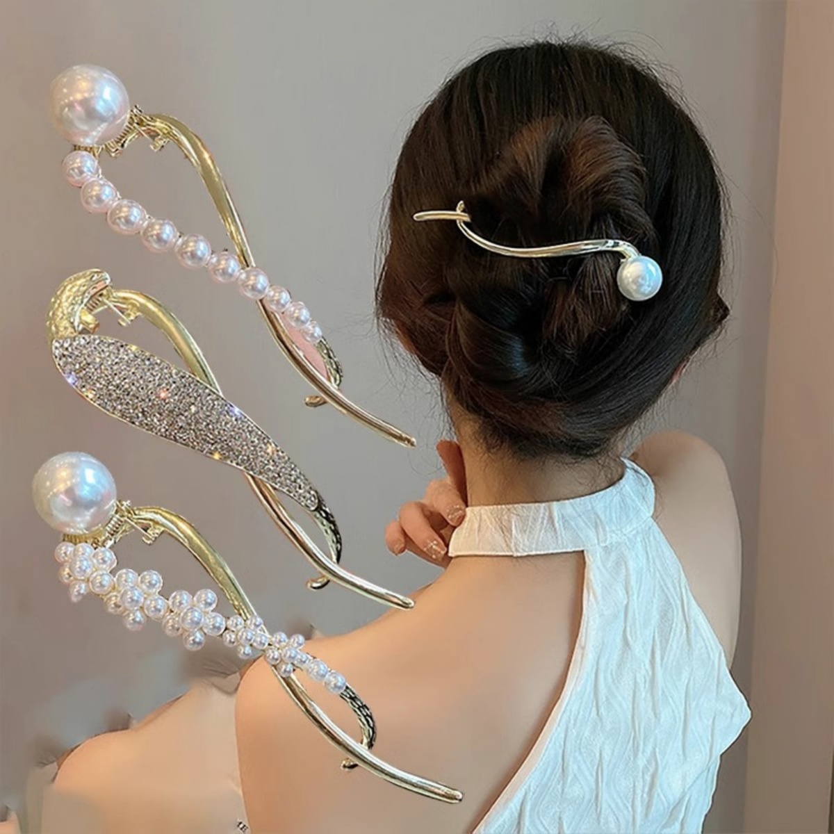 Korean Lifestyle & Kids Boutique - エレガントなグリッターパールヘアクリップ レディース トレンドツイストヘアクリップ ガールズファッション デイリーライフヘアアクセサリー ジュエリーヘアピン