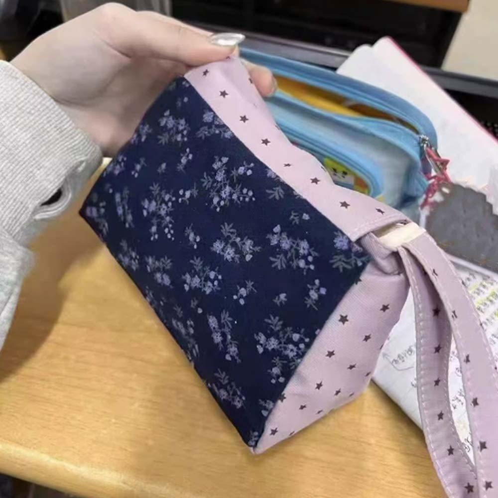 Korean Lifestyle & Kids Boutique - パープルプリント花柄メイクアップバッグスター水玉模様ソフトコットン化粧ポーチ大容量韓国風小銭入れ寮生活
