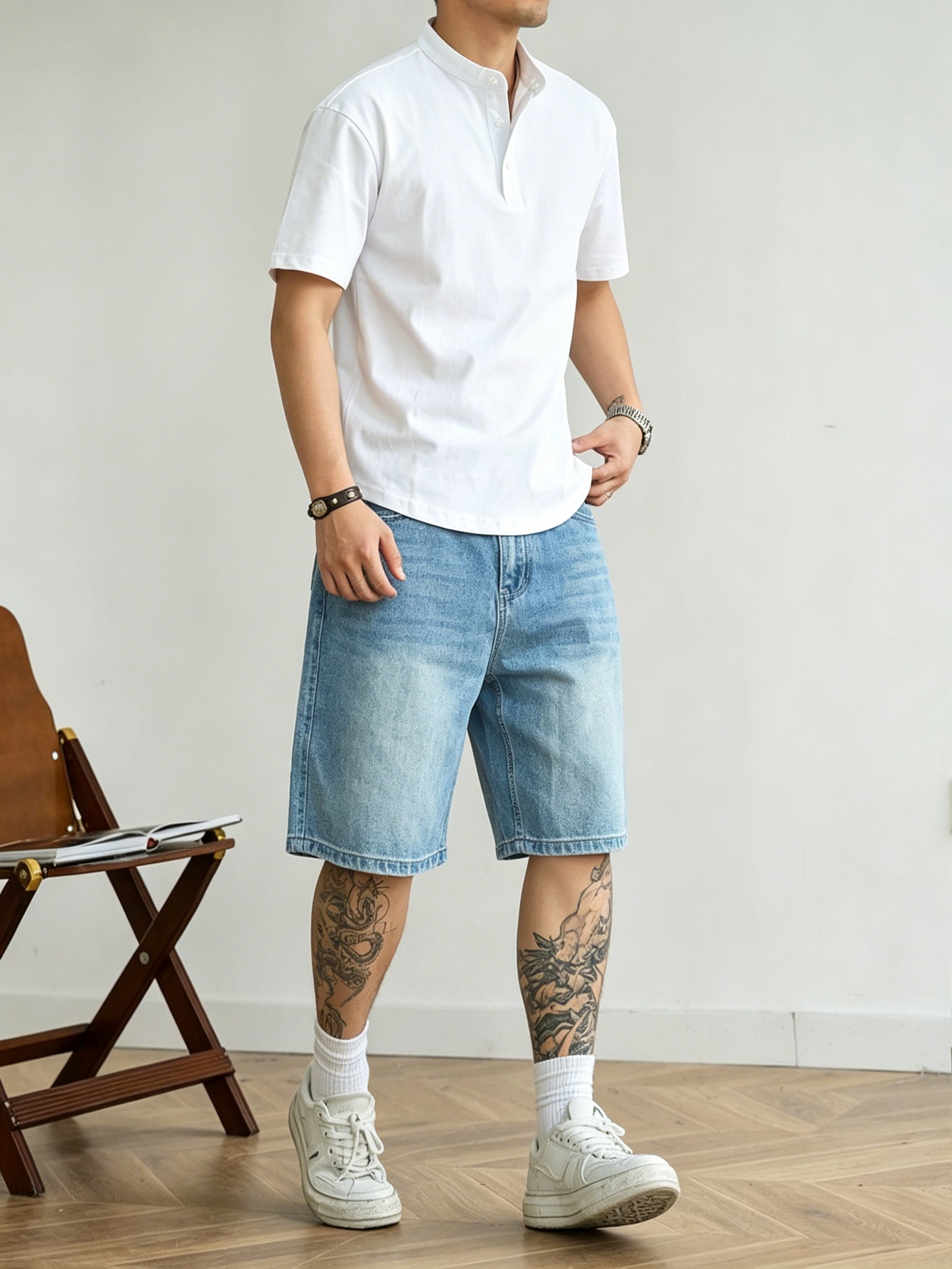 ルーズカットのブルーのノンストレッチデニムショートパンツ、男 - Korean Men Lifestyle のレビューと価格